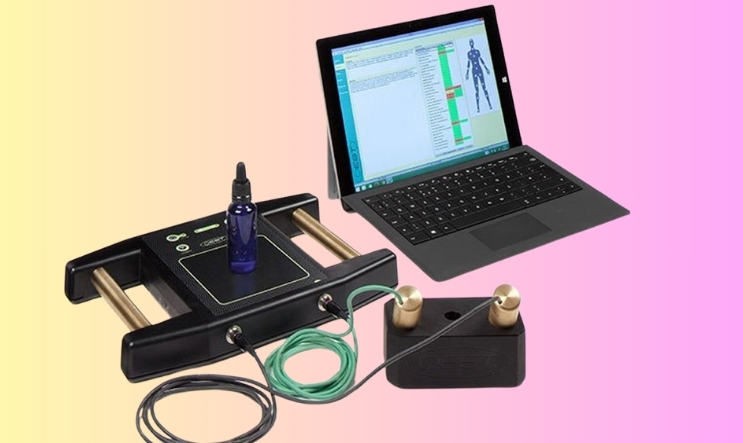 Bioenergetic testing device with laptop displaying energy scan results, used for holistic health assessment, energy balance, and natural healing.