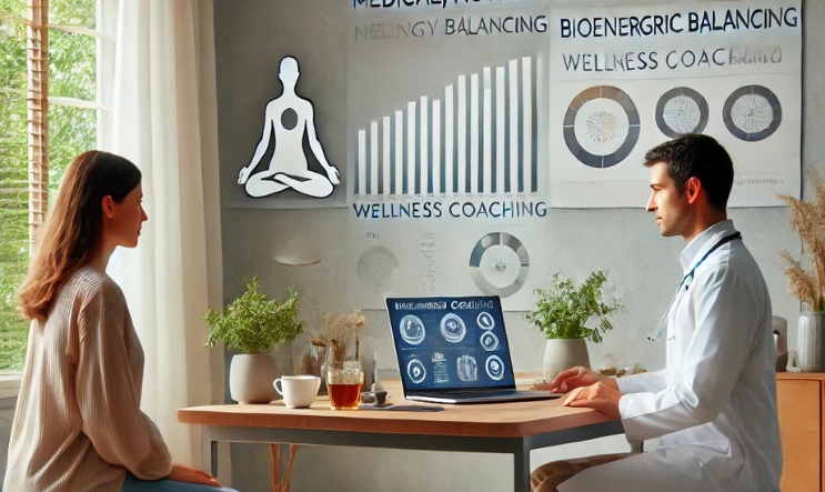 A wellness coach consulting a client in a holistic health session, with bioenergetic balancing and wellness coaching charts displayed in the background. Ideal for stress relief, energy balance, and personalized wellness guidance.