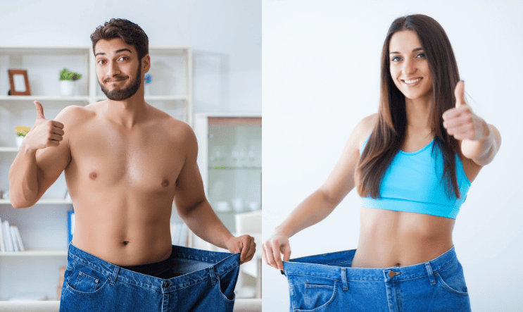 Happy man and woman showing successful weight loss results with oversized jeans – Healthy and natural weight loss program at Integrated Wellness Services in Plainview